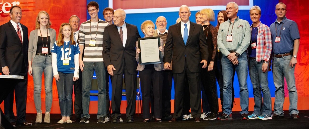 Don Wolf, shown here with wife Ginny, received the Sachem Award—Indiana’s highest individual honor—from Indiana Governor Mike Pence in 2013.