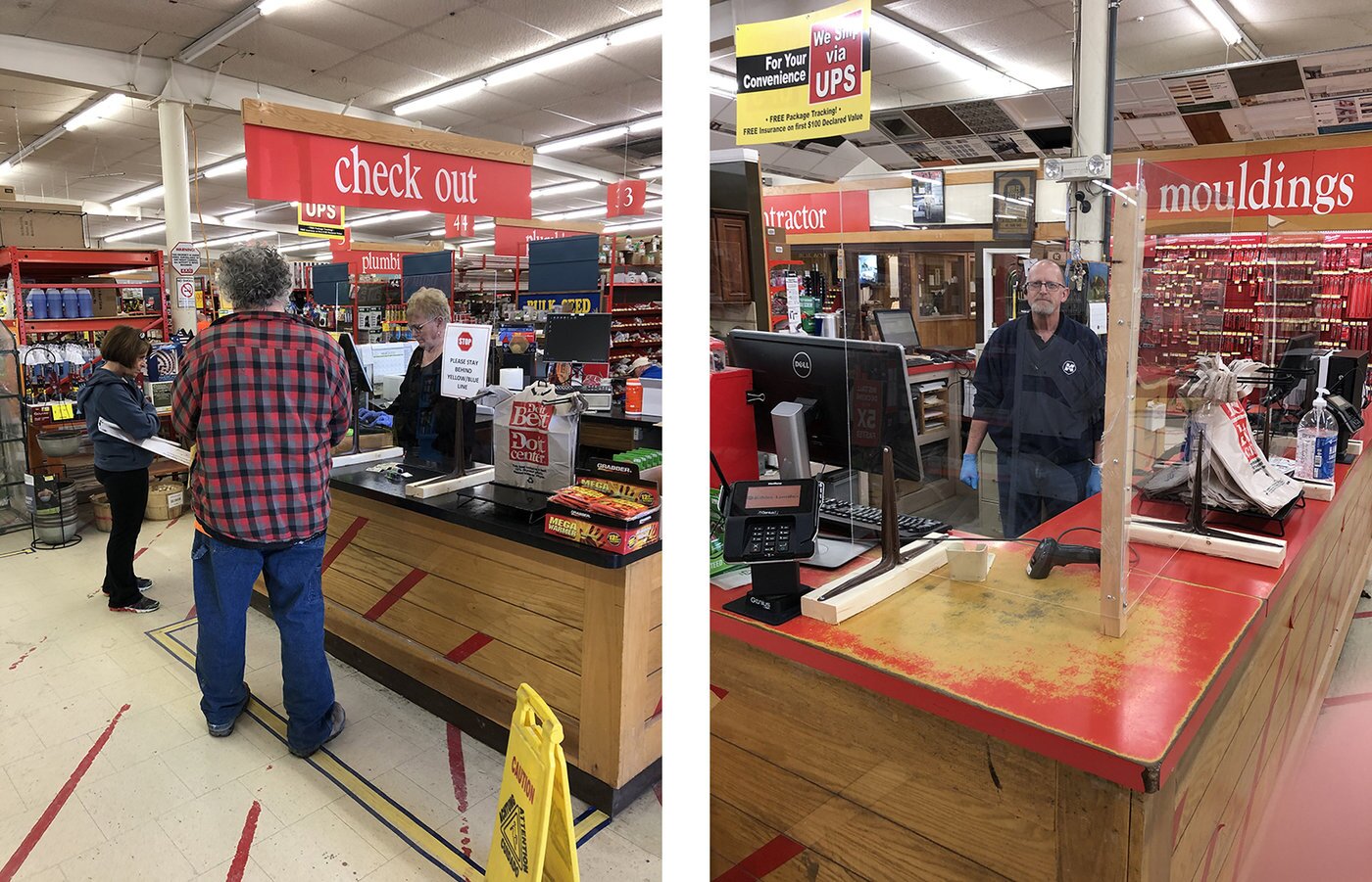 How the Hardware Industry is Coping with the COVID-19 Pandemic—Part I 8 David Bohl of Kibler Lumber installed plexiglass shields at the checkout counter to create a safety barrier between customers and frontline staff. A sign informs customers to stay behind the blue and yellow line.