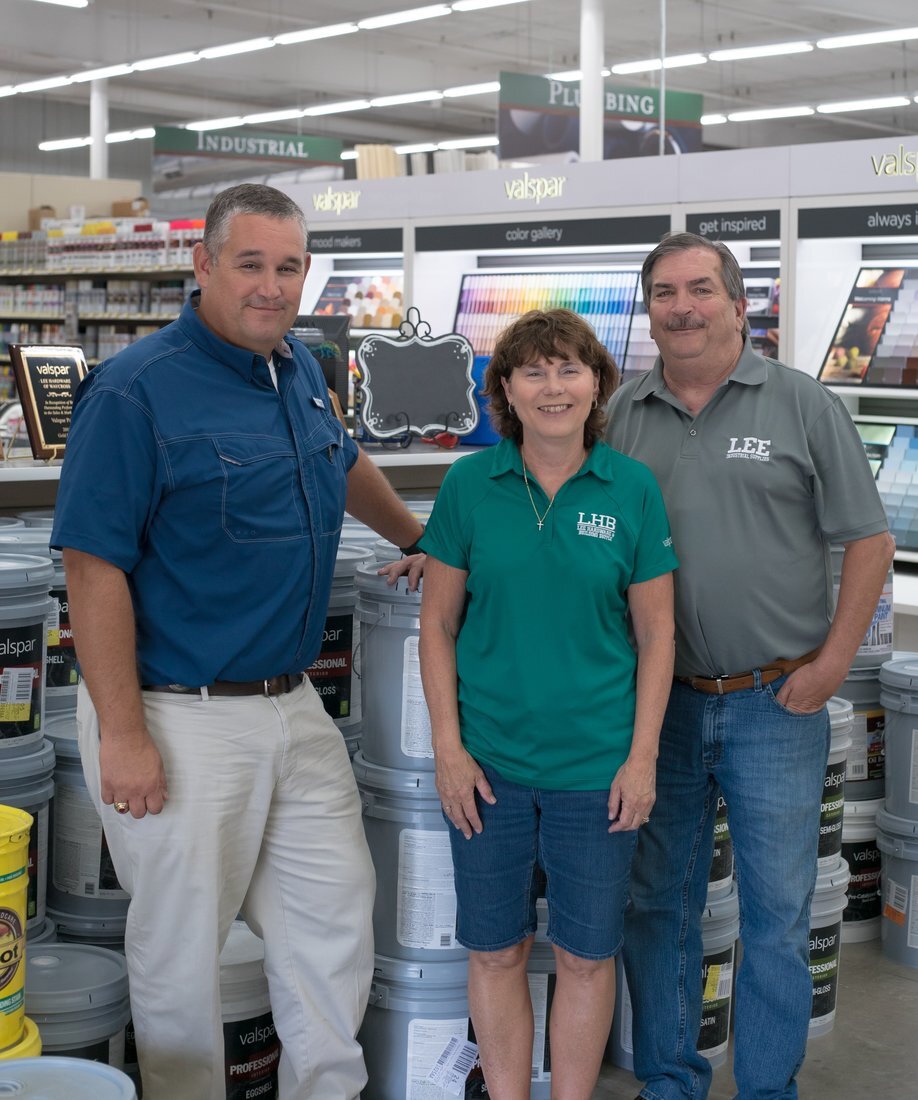 Retail Beacon Award — Lee Hardware & Building Supply 2 Jamie Bruner, Denise Lee and Richard Lee stand in the paint department, which saw sales triple after expanding to 2,000 square feet.