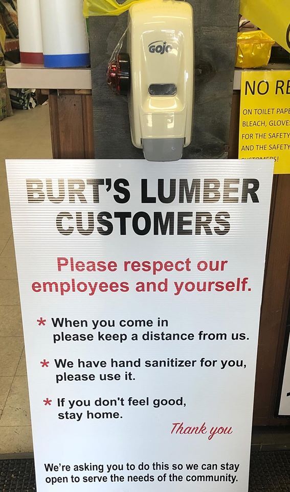 Burt’s Lumber & Building Supply in Perry, N.Y., reminds customers to practice social distancing.