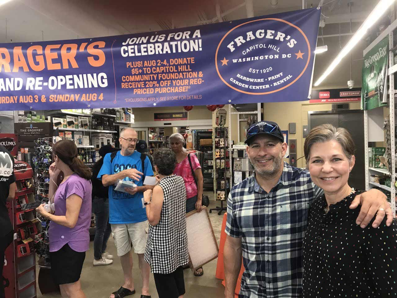 Frager’s Hardware Turns 100! 12 Marc Friedman and Gina Schaefer at the grand reopening at the store’s original location in August 2019, two years after they bought Frager’s Hardware from John Weintraub.