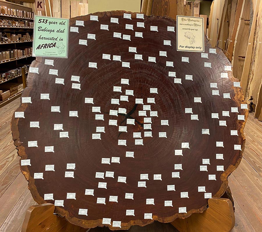 On display at Keim is a bubinga slab from Africa that is 513 years old.