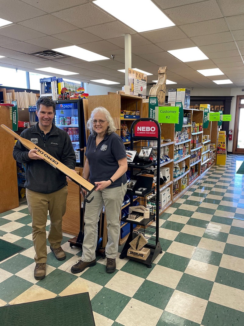 Michael Siewers and Jamie Naab, who&nbsp;runs the hardware section at Siewers Lumber & Millwork, are checking out a deck wrecker tool.&nbsp;