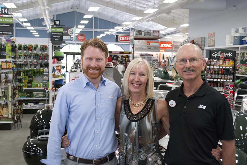Bobby Heuser (left) and his parents Renee and Bob Heuser all left rewarding careers to open a hardware store together in 2015. They now operate two Heuser Ace Hardware stores in South Carolina.