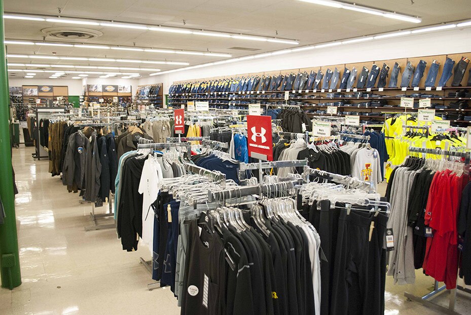 The clothing area has a department store feel and is divided into different clothing shops by brand.
