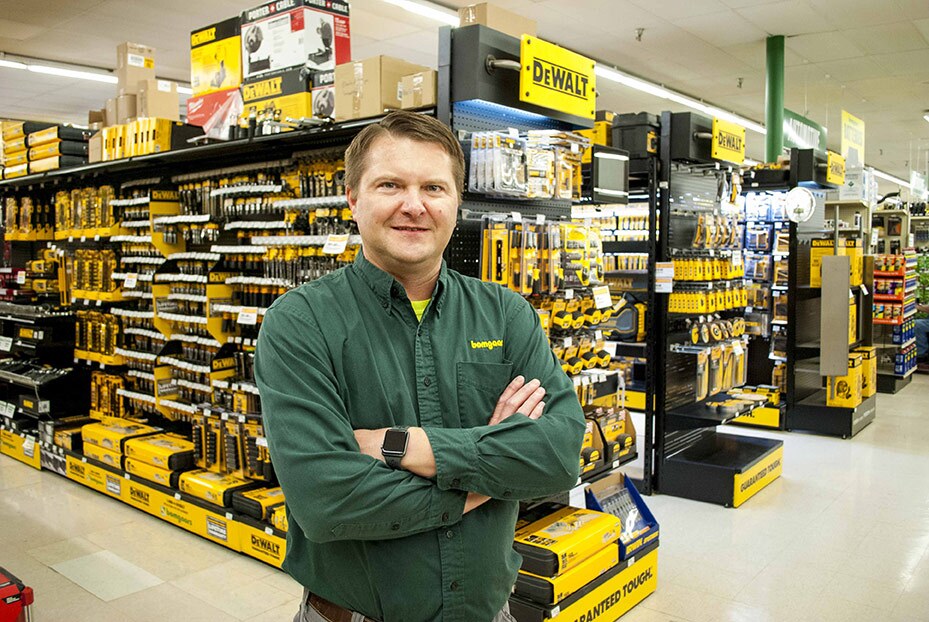 Five aisles are devoted to DeWalt products, turning the store into a destination for power tools and accessories.