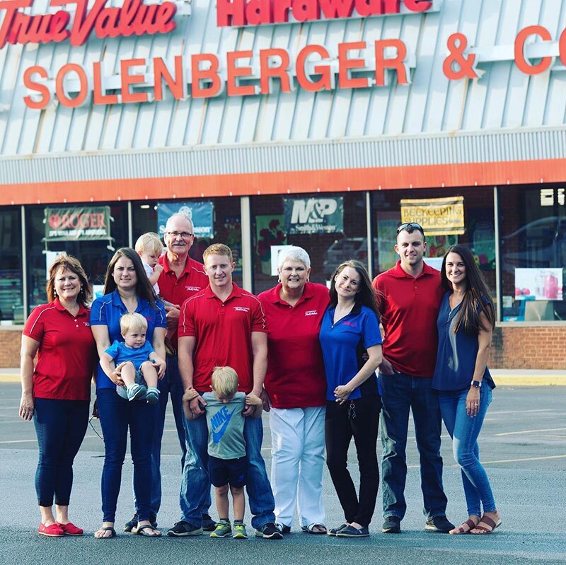 Solenberger’s True Value Hardware — Surviving and Adapting for 135 Years 1 The fourth, fifth and sixth generations are represented. From left to right: Patti Solenberger; Jaime Solenberger-McManigle holding son Weston; directly behind Jaime is John T. Solenberger Jr. holding Logan Snyder, son of Jenna Solenberger-Snyder; Seth McManigle holding son Liam; Cyndi Solenberger, Jenna Solenberger-Snyder, Drew Dopson and Jackie Dopson.