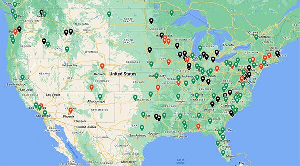 This map depicts 2023 acquisitions, new store openings and closures. Locations of construction supply facilities that were acquired are indicated by black pins; greenfield new store openings in green; and closed businesses in red. Source: Webb Analytics.