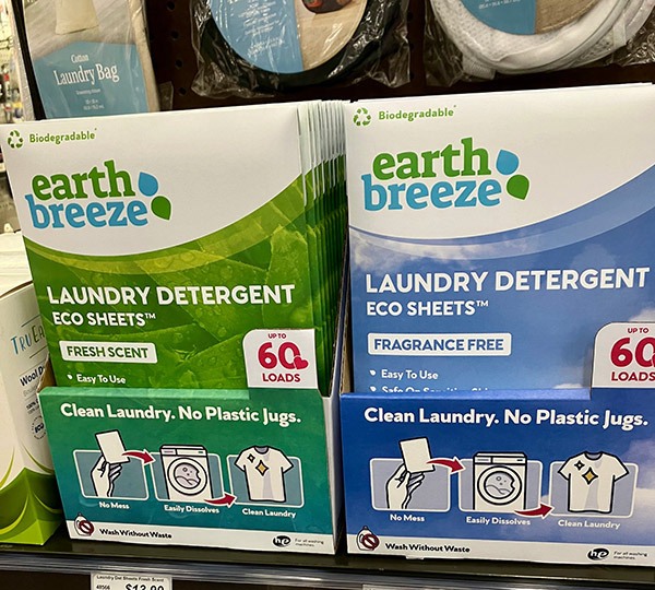 In addition to installing LEDs and solar panels in the store, the K&B True Value assortment reflects eco-conscious values. One example: Earth Breeze laundry detergent sheets, which are dye-free, vegan and cruelty-free, and phosphate and phthalate-free.