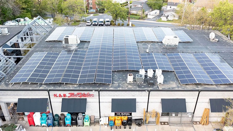 The 224 solar panels on K&B True Value’s roof provide 100 percent of the store’s electricity, often generating more power than the store requires, adding green power back into the grid.