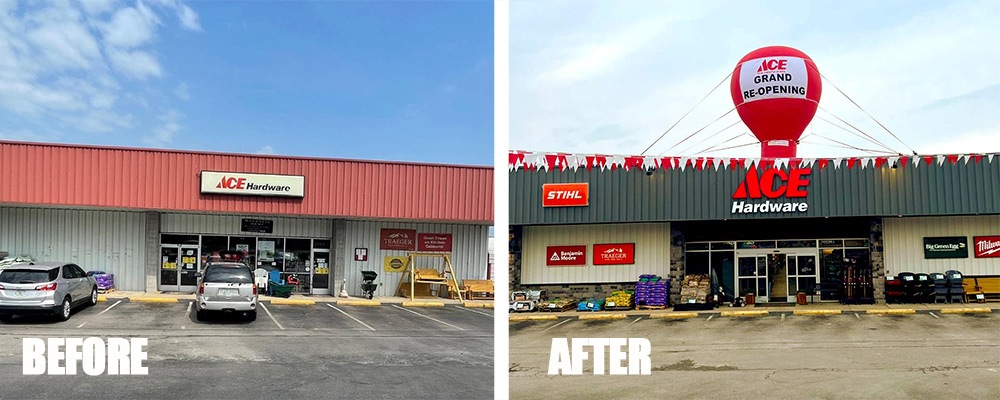 Bolster Hardware’s Algood, Tenn., location before it was reset and after an interior and exterior makeover. The Algood location was one of the original 21 Potter’s Ace stores Bolster purchased in June 2021.