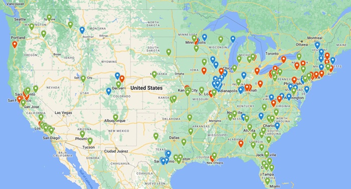 2024 Retail Hardware Deals Report 1 This map shows the 175 hardware store facilities that changed hands in 2024, based on joint research by Hardware Connection and Webb Analytics. Green pins mark 81 new greenfield openings, blue pins indicate 55 stores acquired across 28 deals and red pins highlight 39 closures.