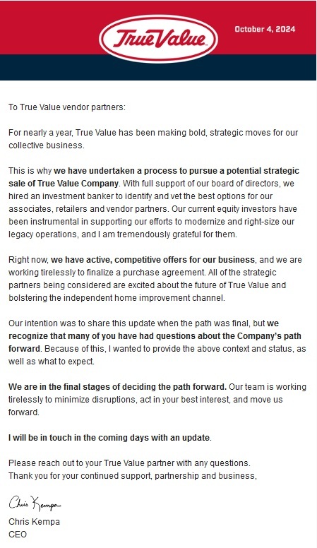 True Value Explores Potential Sale Amid Active Offers 11 TV CEO letter True Value Explores Potential Sale Amid Active Offers