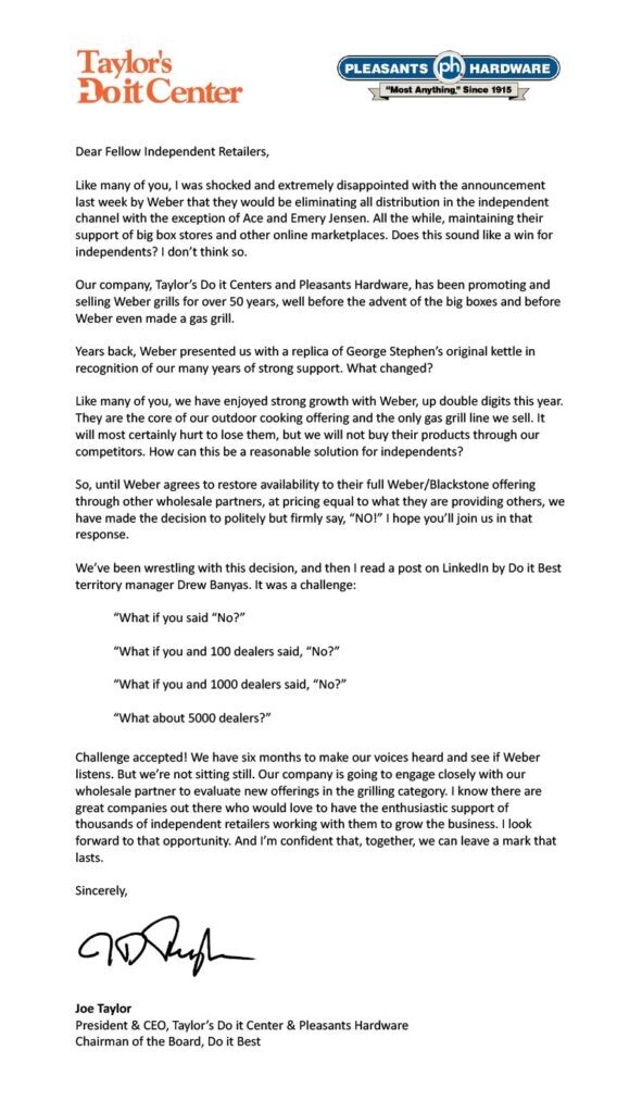 Do it Best Board Chairman Joe Taylor Calls on Independent Retailers to Say “No” to Weber 2 An Open Letter to Weber Independent Retailers Say No 1 Do it Best Board Chairman Joe Taylor Calls on Independent Retailers to Say “No” to Weber