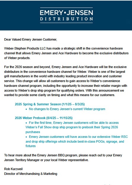 Weber to End Distribution to Do it Best, Orgill, Other Channels in Move Toward Ace Exclusivity 5 EJ letter Weber to End Distribution to Do it Best, Orgill, Other Channels in Move Toward Ace Exclusivity